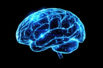 Blue Glowing Digital Human Brain Illustration on Black Background. Technology, AI, and Neural Network Concept.