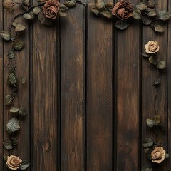 Dark wood background with artificial roses and leaves.