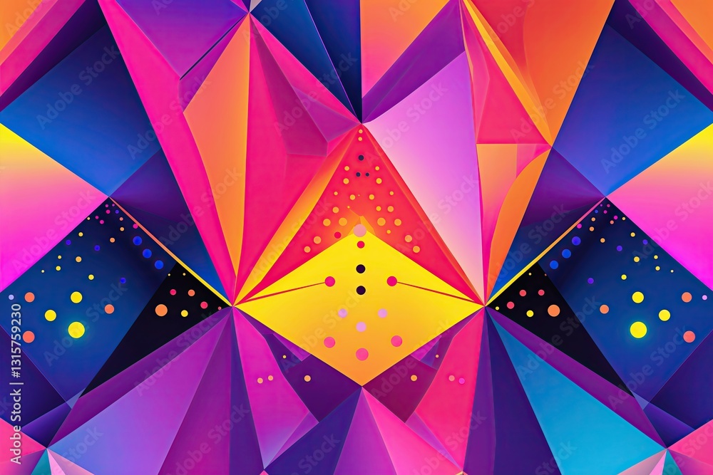Poster luminous geometric patterns of colorful polygons and dots
