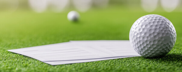 Golf ball on green grass with scorecards in background