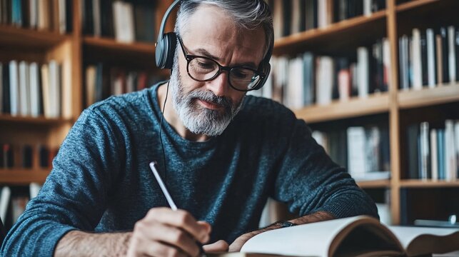 middle-aged man focused on journaling while listening to audiobook