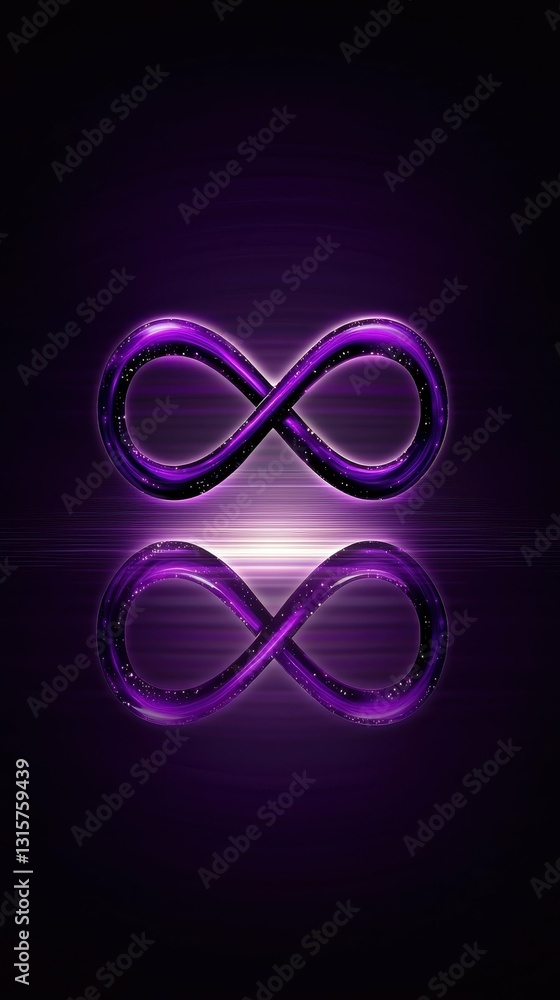 Poster gleaming infinity symbol reflective backdrop in dark amethyst tones and digital art rendering