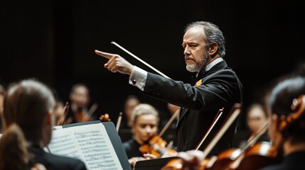 Fototapeta premium A Passionate Orchestra Conductor Guiding Musicians Through Masterful Performance