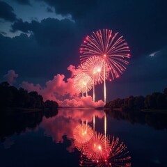 Firework display on lake or river with reflection of fireworks, fireworks, light show