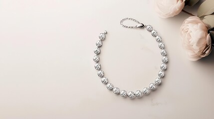 Minimalist diamond tennis necklace arranged in a loose oval, isolated on a clean white marble background
