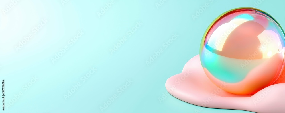 Poster iridescent sphere resting on pink blob abstract composition artistic render illustration