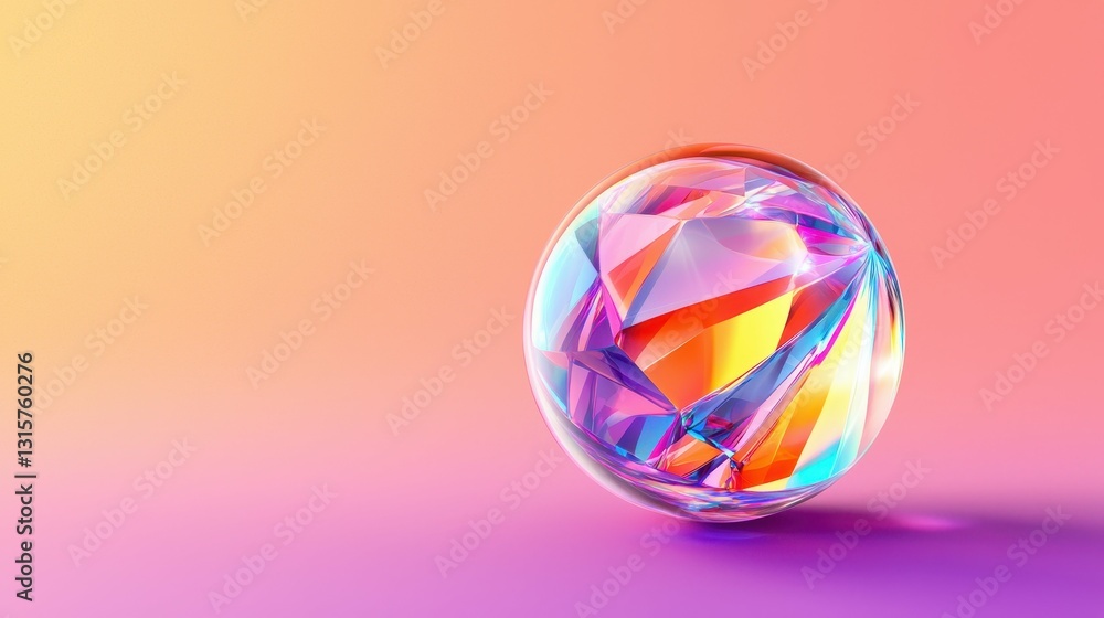 Poster luminous sphere with faceted iridescence on pastel backdrop reflective abstract design element