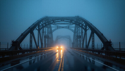 Obraz premium Misty bridge with headlights illuminating wet road