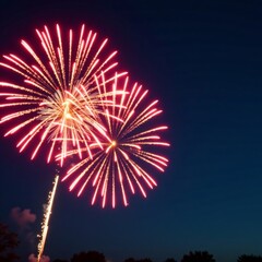 Fireworks explode in the sky with a burst of colorful sparks, shimmering lights, and radiant energy, colorful, night