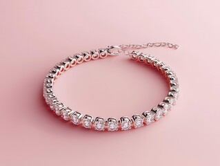 Obraz premium Elegant diamond tennis necklace glowing on a gradient pastel pink background, minimal and modern