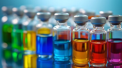 High-Tech Sterile Pharmaceutical Lab Featuring Glass Vials and Colorful Liquid Medicines