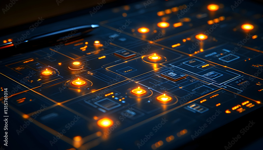 Poster high-tech circuit board with glowing components