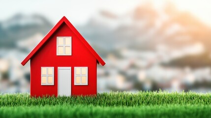 A vibrant red house stands on lush green grass, set against a blurred background of mountains and a soft, warm light.