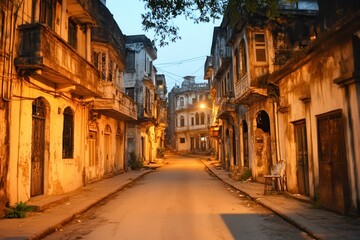 Silent Urban Night with Shadows and Faint Moonlight