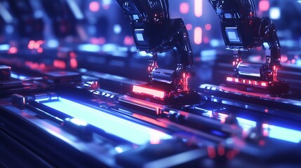 Business strategy corporate entrepreneurship marketing global, Automated robotic arms in high-tech manufacturing facility futuristic environment digital art close-up view innovation concept