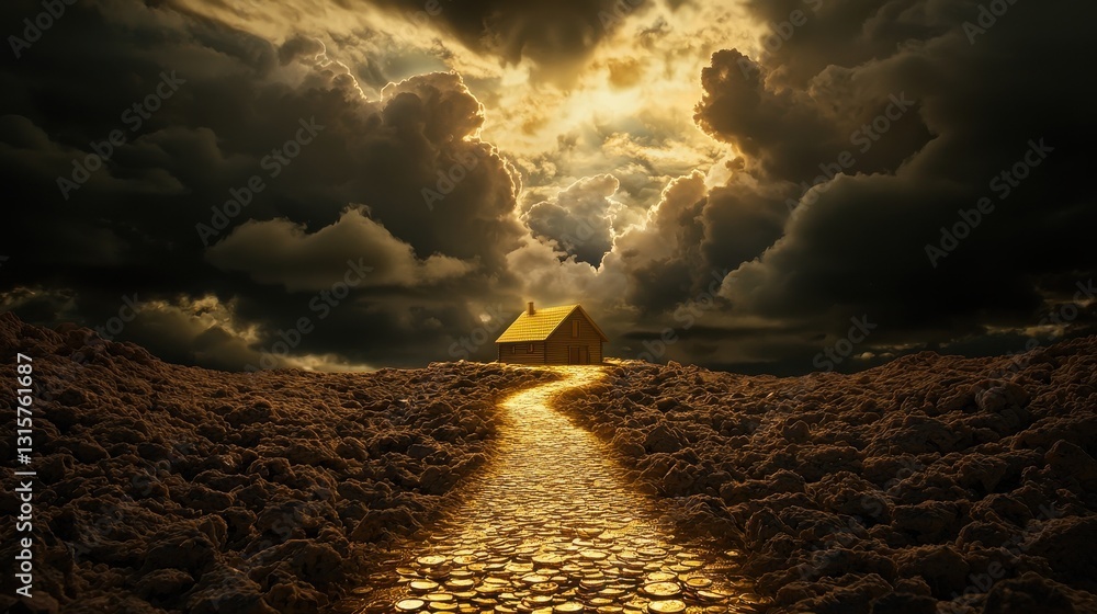 Poster a house is on a path in a field with a cloudy sky