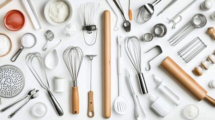 Flatlay Composition of Various Kitchen Utensils and Baking Tools on a Clean White Surface To Enhance Home Culinary Creativity