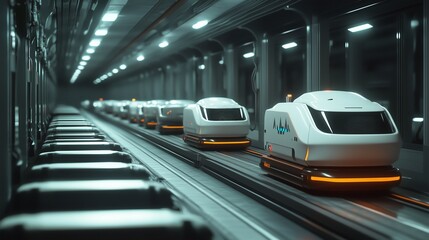 Futuristic autonomous trains in urban subway system high-tech transport infrastructure digital environment aerial view