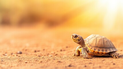 Obraz premium A turtle moves slowly across a sandy surface, illuminated by warm sunlight, creating a serene and peaceful atmosphere.