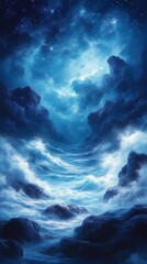 Fototapeta premium Ocean waves flow beneath a cloudy night sky filled with stars