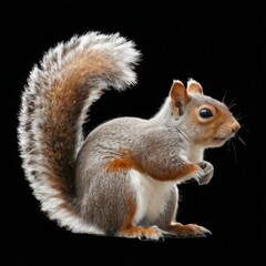 Obraz premium Squirrel with bushy tail standing angled, facing right, with large eyes, grey and orange fur, on black background.