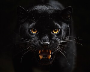 Roaring Black panther portrait with mouth open