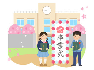 卒業式イメージ素材_校舎の前で卒業証書を持つ子供のベクターイラスト
