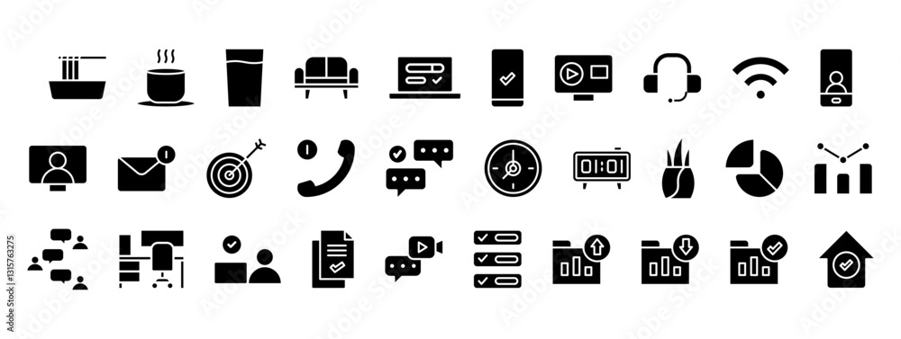 Poster collection of communication and technology icons representing data analysis and business strategy in
