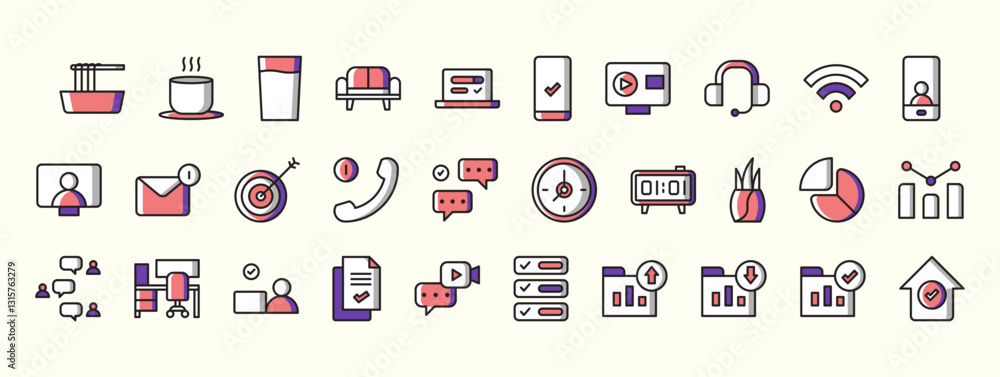 Poster collection of icons representing communication technology and data analysis for modern business solu