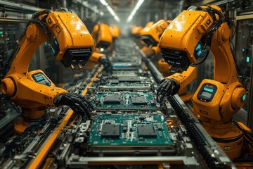 A futuristic electronics manufacturing facility with a robot. Advanced machinery and robotic arms are the focus of the image.