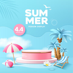 Summer podium, coconut trees, beach umbrella, beach bed, pink and blue concept poster design on cloud and blue background, EPS 10 vector illustration