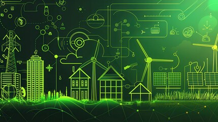Naklejka premium Concept of green hydrogen as an alternative fuel source powered by renewable energy from solar and wind resources