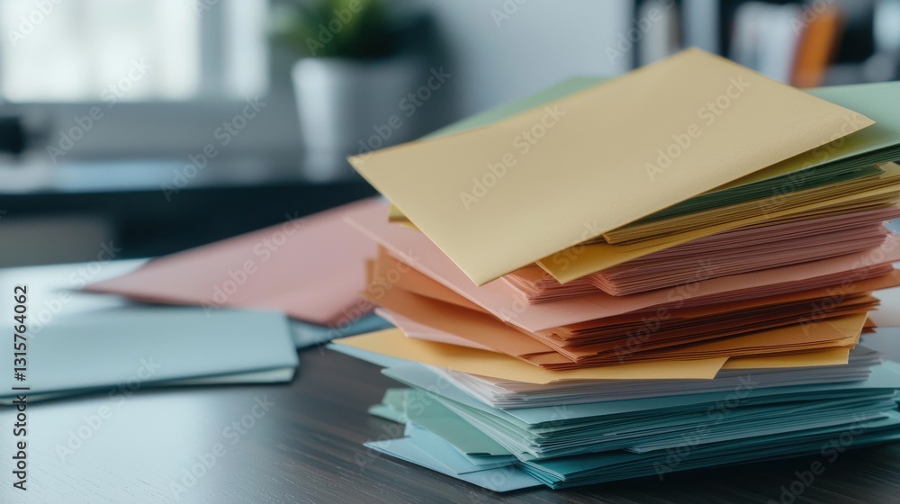 Aufkleber A stack of colorful envelopes on a table
