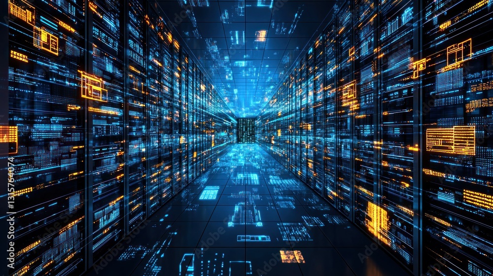 Poster digital data center: a futuristic vision of server racks and information flow