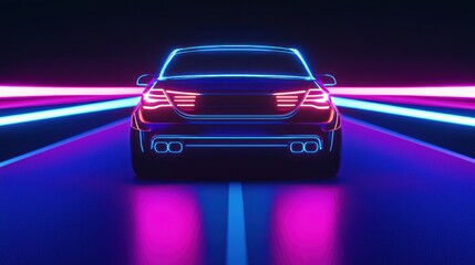 Naklejka premium Neon Night Drive: Futuristic Car on Glowing Highway