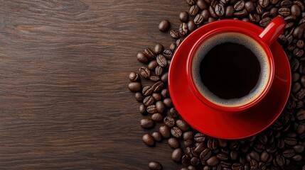 Naklejka premium A red coffee cup with a black coffee sitting on top of a pile of coffee beans