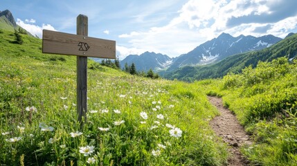Hiking trail through a meadow with alpine mountains in the background