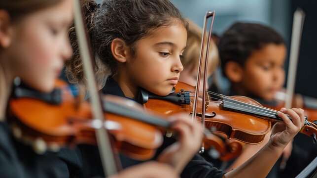 Group of young musicians tuning violins in a vibrant classroom setting