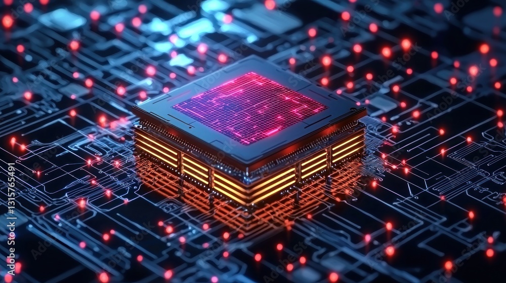 Poster glowing cpu processor on circuit board: advanced technology