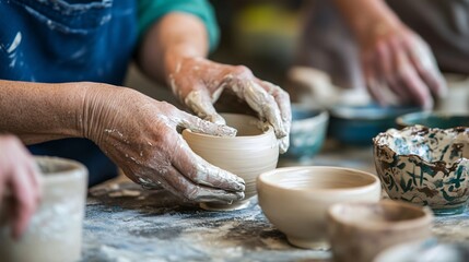 Skilled Instructor Guiding Enthusiastic Students in Clay Crafting Techniques