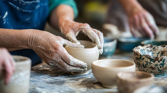 Skilled Instructor Guiding Enthusiastic Students in Clay Crafting Techniques