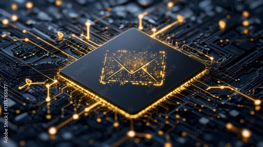 Poster a computer chip with a gold outline of an envelope
