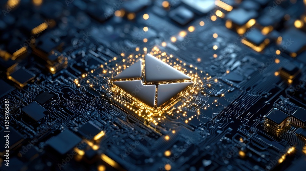 Poster a computer chip with a gold colored envelope on it