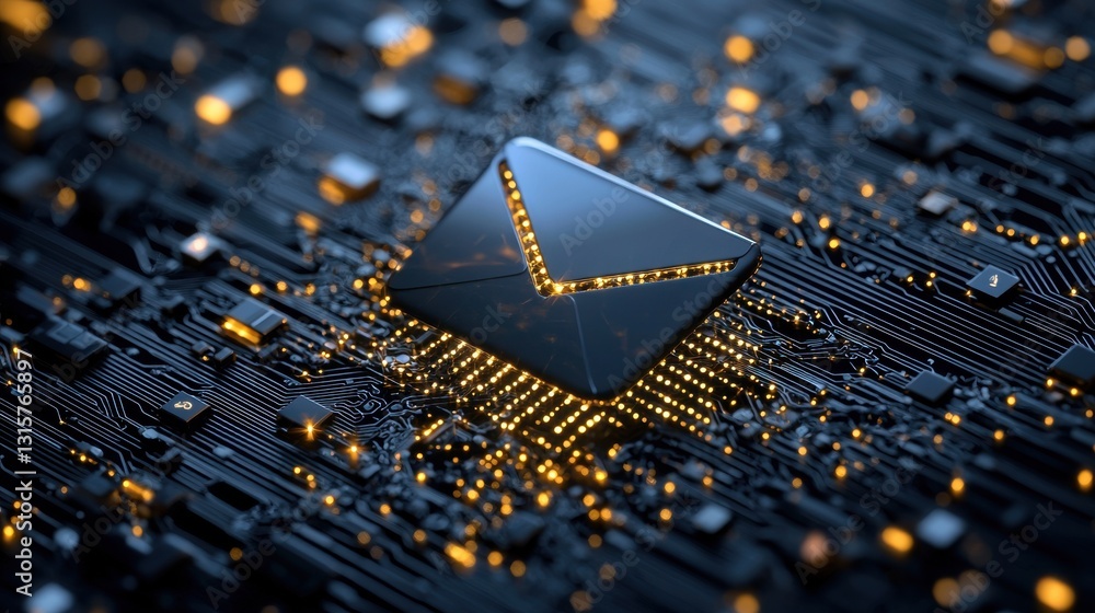 Poster a computer chip with a small envelope on top of it