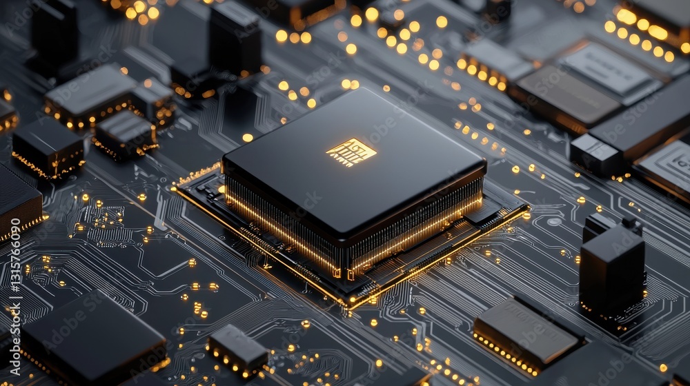Poster a computer chip is shown in a black and yellow color scheme