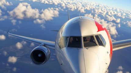 Airplane soaring above fluffy clouds during a bright daytime sky over serene landscapes