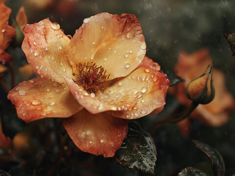 A stunning close-up of an orange and peach-colored rose covered in fresh raindrops, set against a soft-focus green background. The delicate petals glisten with moisture, creating a serene and romantic