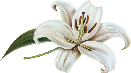 Fototapeta premium White lily blooming with green leaves on transparent background
