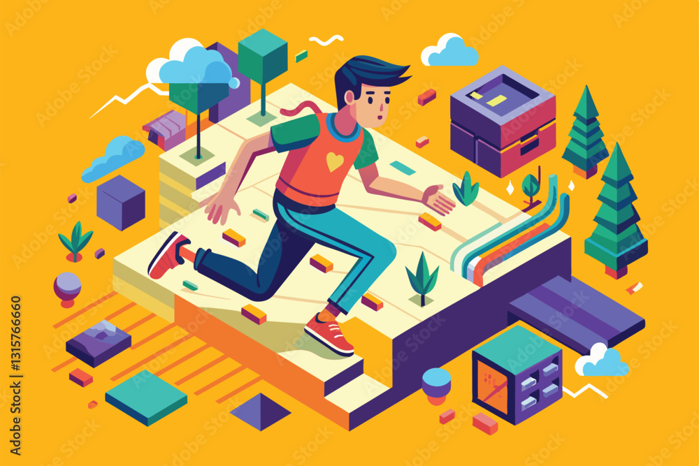 Poster a customizable character sprints through a lively isometric landscape filled with trees and geometri
