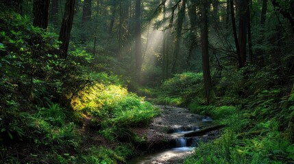 Obraz premium Sunbeams Illuminating a Serene Forest Stream